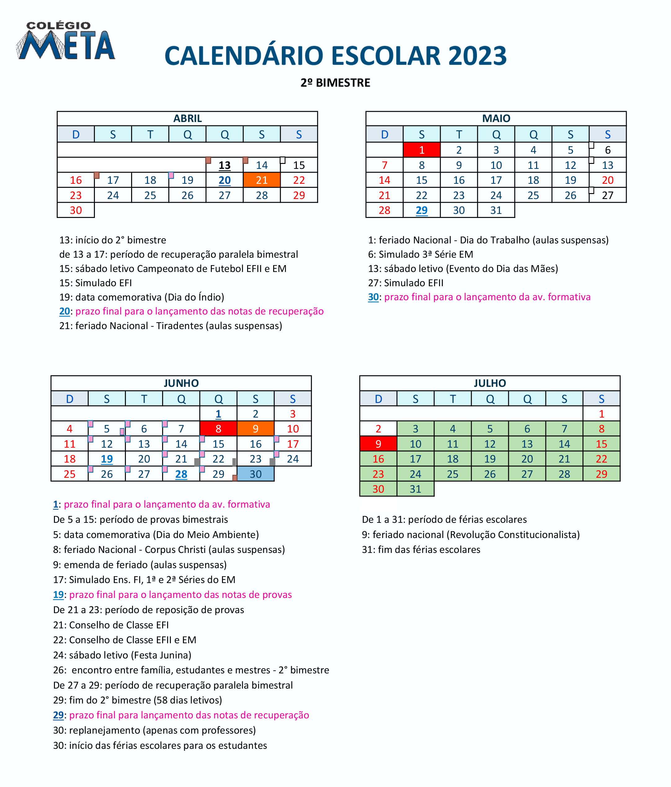 Calendário Escolar 2023 - 2 Bimestre