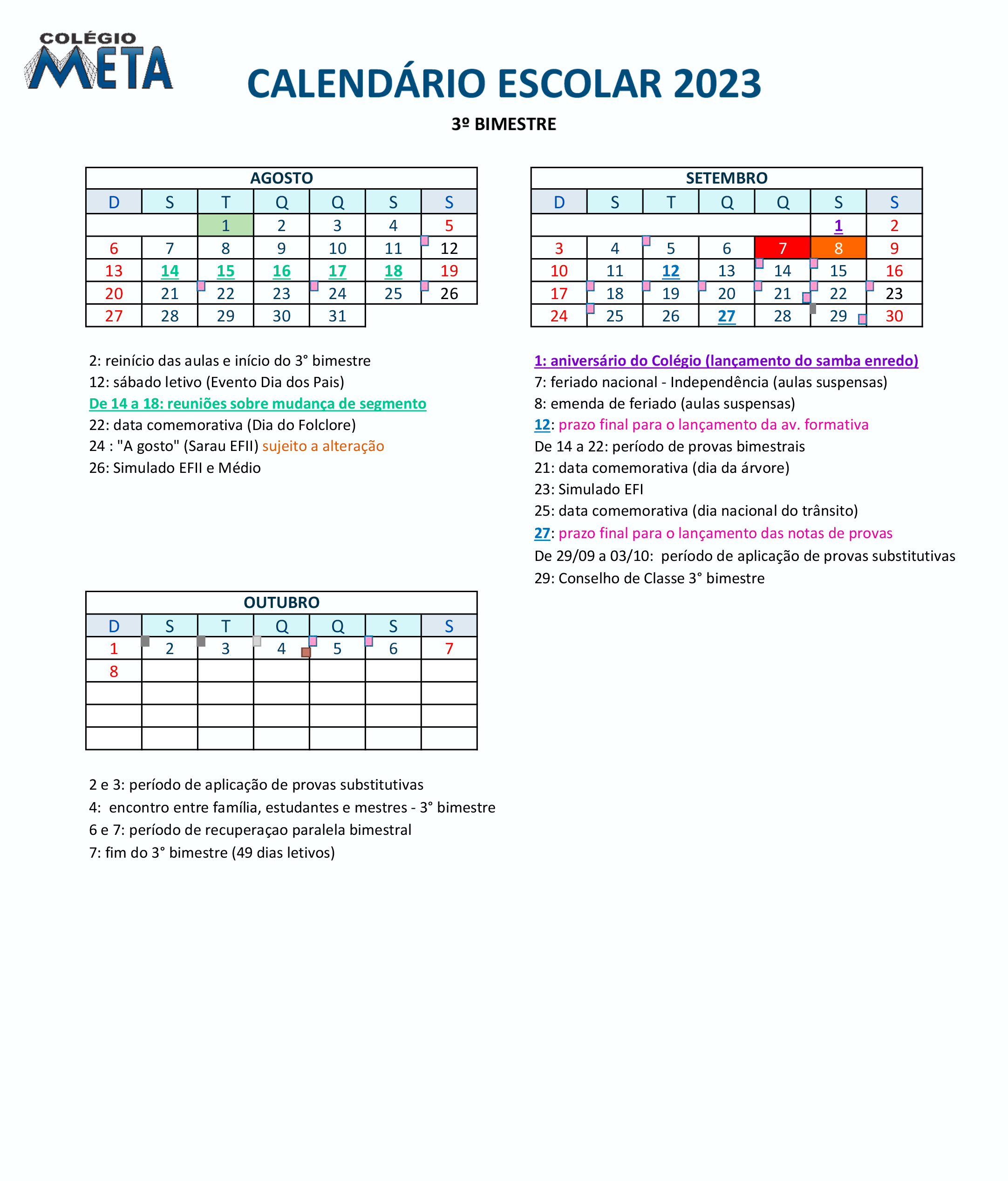 Calendário Escolar 2023 - 3 Bimestre
