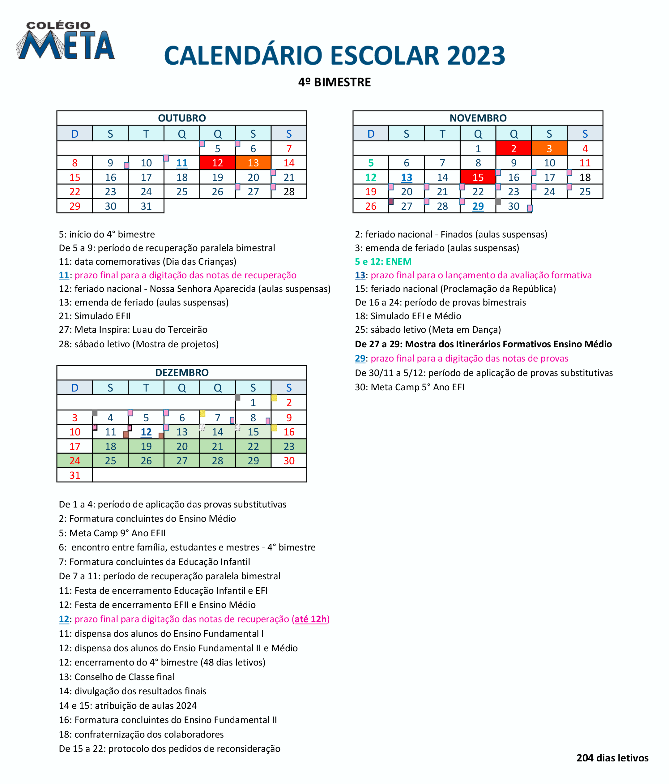 Calendário Escolar 2023 - 4 Bimestre