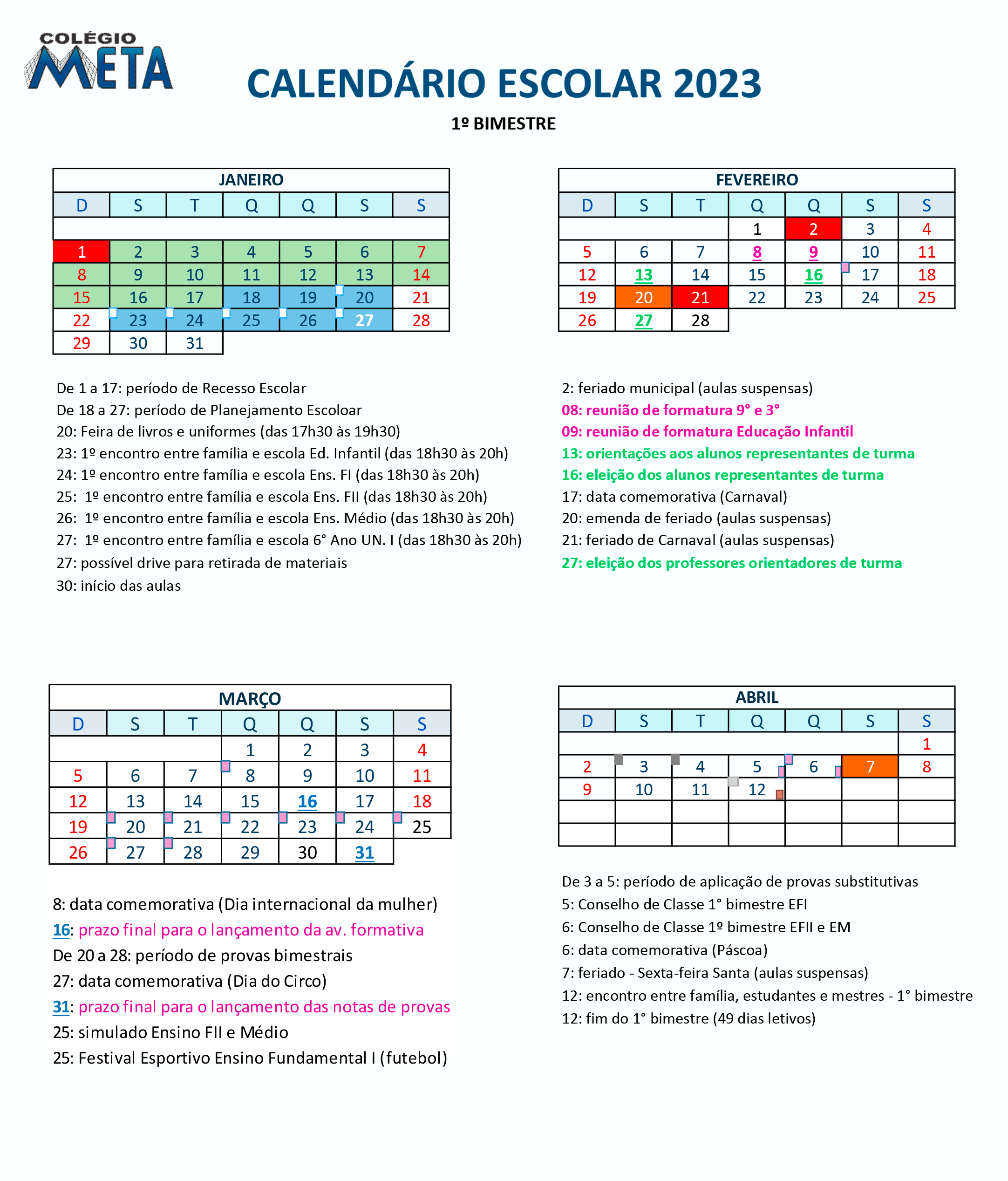 Calendário Escolar 2023 - 1 Bimestre
