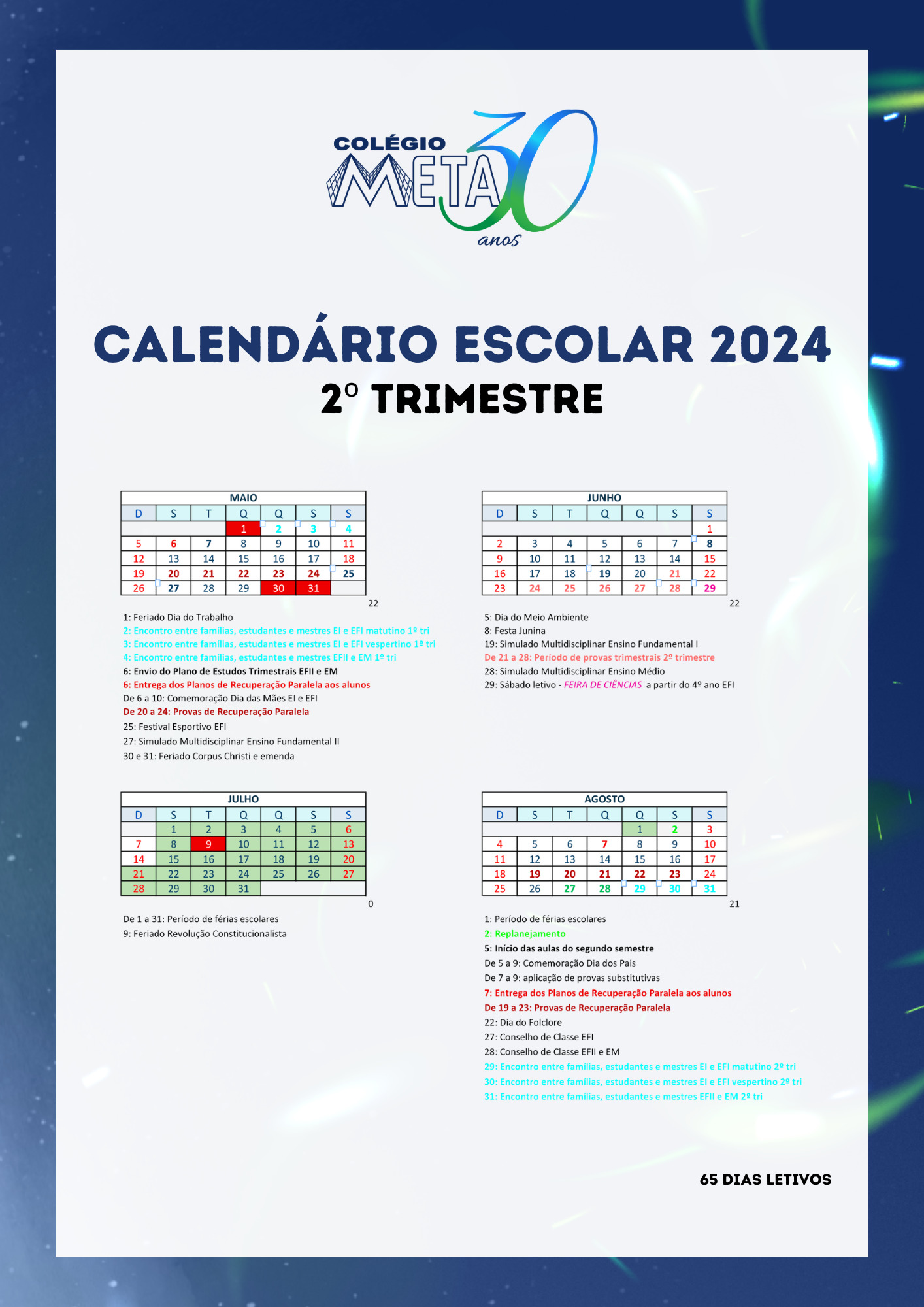 Calendário Escolar 2024 - 2º Trimestre